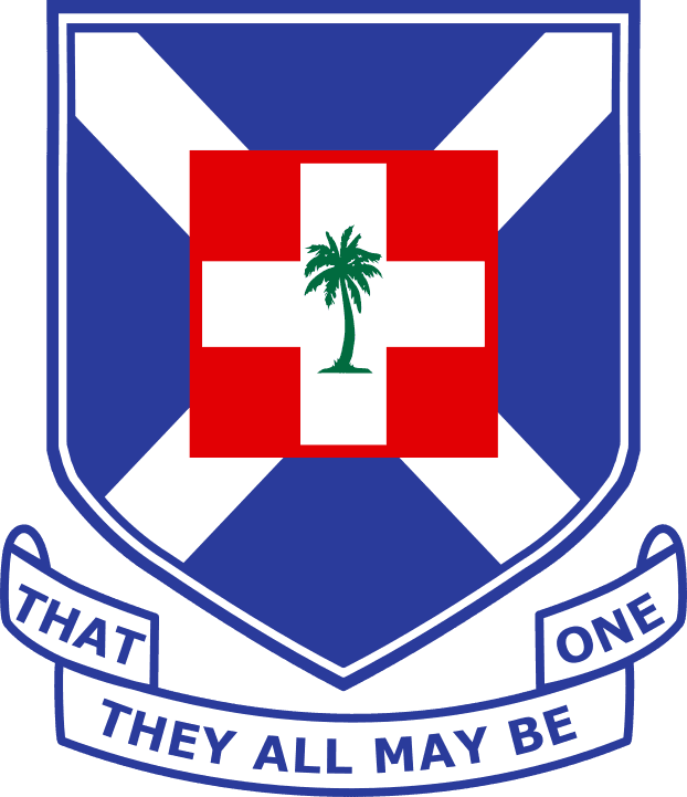 Presbyterian Church of Ghana Official Crest - Featuring St. Andrews Cross, Swiss Flag, and Palm Tree symbolizing Scottish Mission, Switzerland Mission, and African Heritage